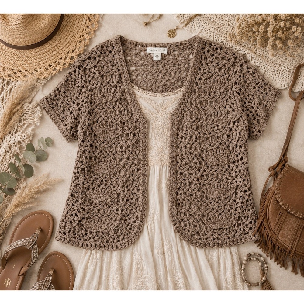 Crochet Short Sleeve Cardigan Sweater - Taupe
